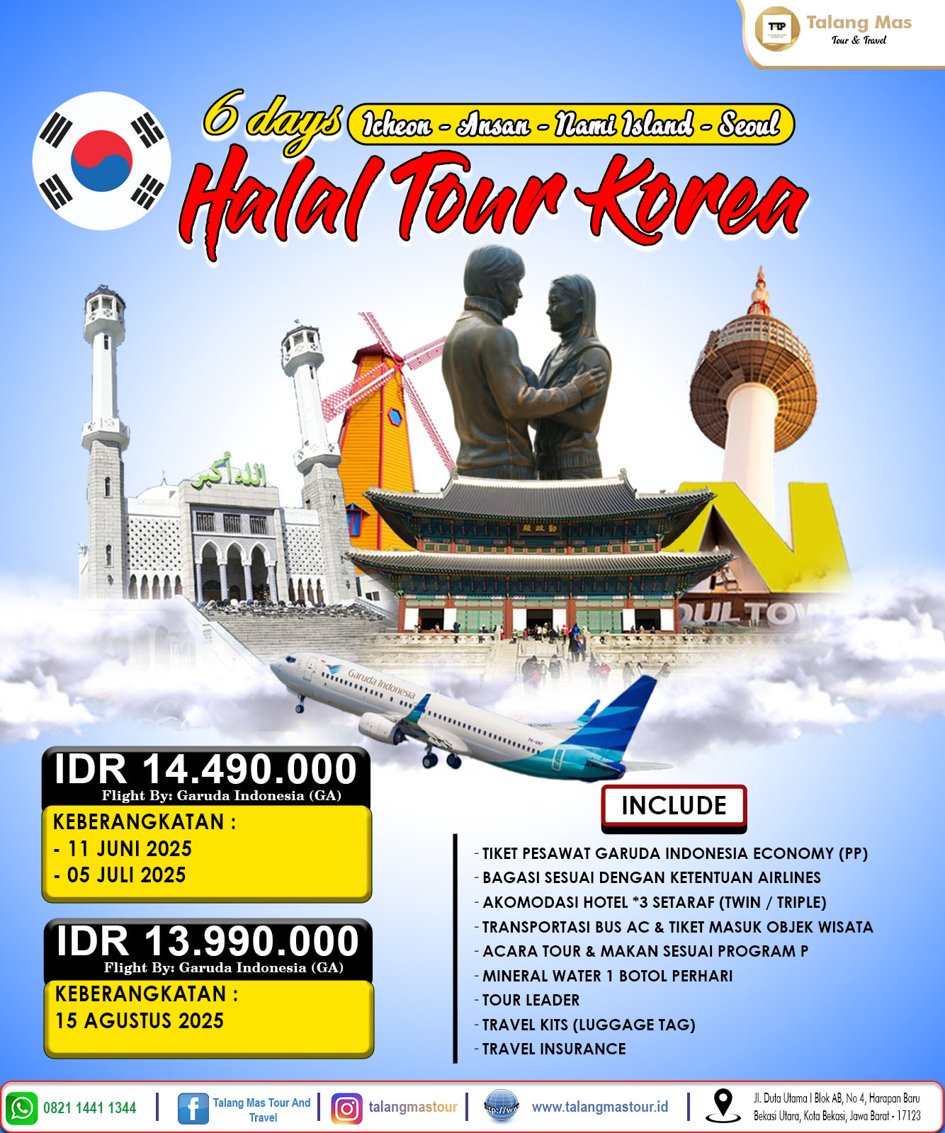 Flyer Paket Wisata Halal Korea Musim Panas 6 Hari 2025 oleh Talang Mas Tour – Destinasi Icheon, Ansan, Nami Island, dan Seoul