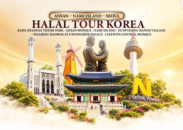 Paket Halal Tour Korea 2027 selama 6 hari dengan penerbangan Garuda Indonesia, destinasi Ansan, Nami Island, Seoul, Gyeongbok Palace, dan kawasan Muslim Korea.