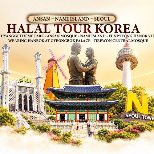 Paket Halal Tour Korea 2027 selama 6 hari dengan penerbangan Garuda Indonesia, destinasi Ansan, Nami Island, Seoul, Gyeongbok Palace, dan kawasan Muslim Korea.