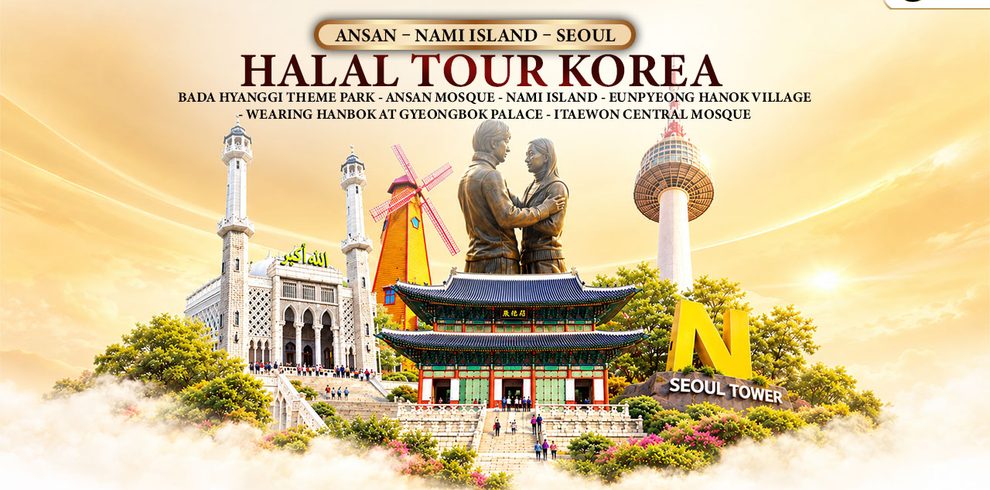 Paket Halal Tour Korea 2027 selama 6 hari dengan penerbangan Garuda Indonesia, destinasi Ansan, Nami Island, Seoul, Gyeongbok Palace, dan kawasan Muslim Korea.